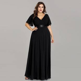 European Size Plus Size Deep V Evening Dress Trumpet Sleeve Chiffon Banquet Dress Long Skirt Slimming Look and Flesh-Covering High Waist Dress