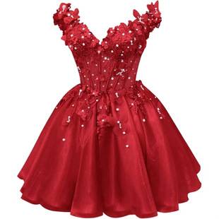 Graduation Gown V-Neck Short Ball Gown Tulle Birthday Celebration 18-Year-Old Coming-Of-Age Dress Female Adult Ceremony Scene Outfit