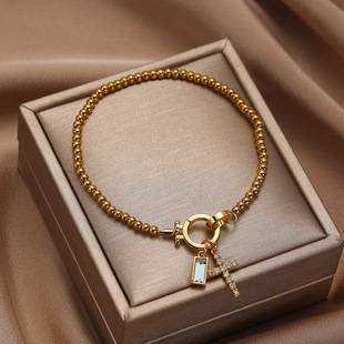 European and American Style 18K Real Gold Electroplated Stainless Steel Beads Cross 12-Month Birthstone Bracelet Elastic