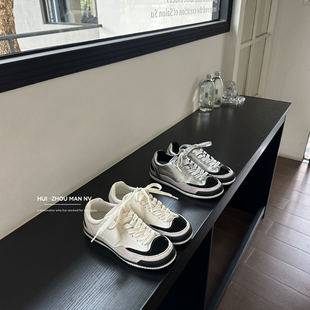 Genuine Leather Chanel-Style Black and White Panda German Training Shoes for Women, 2026 New Versatile Color-Blocking Casual Sneakers, Height-Increasing Sneakers