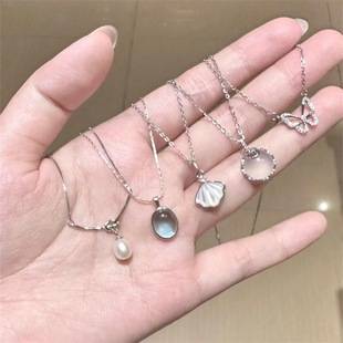 White Moonlight Five-Piece Set Aquamaro Design Necklace Pendant Moonlight Stone Light Luxury Simple High-Level All-Match Neck Chain Clavicle