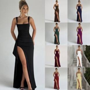 European and American INS-style women's evening gown, long dress, 2026 summer fashion, sexy backless high-slit spaghetti strap dress