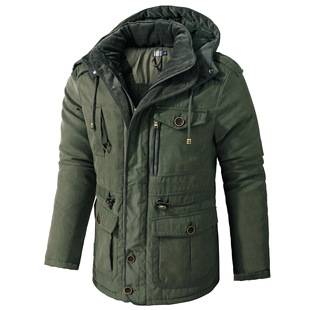 American Size Men's Plus Size Lambskin Hooded Cotton Jacket Thickened Multi-Pocket Cotton Top Casual Mid-length Jacket