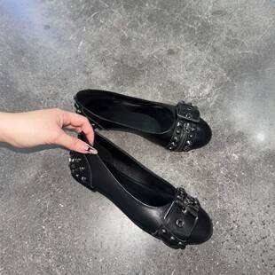[in Stock] Women's Flats 2026 Spring New Style Shallow Mouth Flat Mary Jane Shoes with Studs Ballet Style Leather Shoes