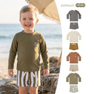 Children's Vacation Two-Piece Swimsuit, Baby Long-Sleeve Swimwear, Boys' High-Quality Chlorine-Resistant Sun-Protective Swimwear for Boys