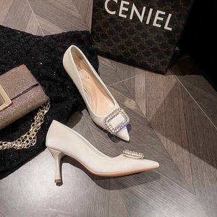 A555-28 High-heeled Shoes Women's 2024 New Commuter Style Small Square Diamond Buckle Shoes All-match Elegant Pointed Shoes