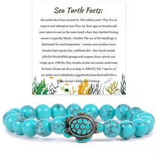 Turtle Bracelet with Turquoise Volcanic Stone, White Turquoise 8mm Beads, Turtle Pendant, Energy Turtle Jewelry