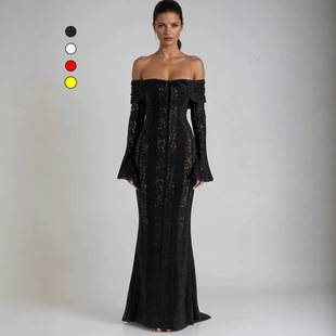 European and American Cross-Border Lace Cut Out One-Shoulder Trumpet Sleeve Hip-Hugging Dress Elegant and Sexy Tube Top Waist Evening Dress