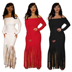 M3065 European and American Sexy off-shoulder Elegant Slim-fit Tassel Bag Hip Long-sleeved off-the-shoulder Wrap Chest Evening Dress dress