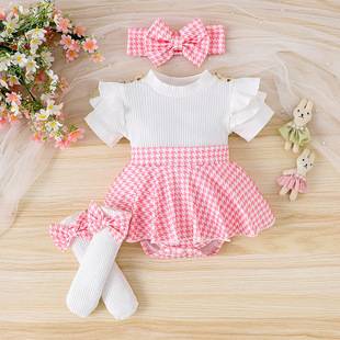 European and American Style Baby Girl Houndstooth Patchwork Flutter Sleeve Dress Set with Cute Bow Hair Accessory Two-Piece Set