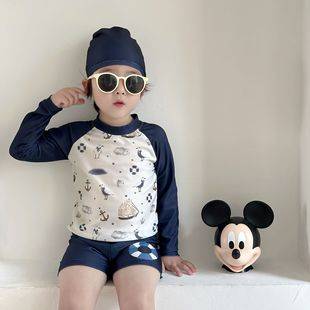 New Children's Swimsuit for Boys, Two-Piece Summer Hot Spring Baby Long-Sleeved Beachwear, Sun Protection Swimsuit Set