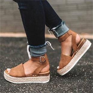 Foreign trade plus size women's shoes thick-soled women's sandals with buckle wedge hemp rope light-soled thick-soled high-heeled sandals Women's European and American style