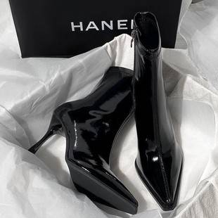 Pointed High Heel Boots Women's Thin Heel 2024 Autumn and Winter New Elegant Patent Leather Naked Boots Thin Boots Short Boots Vintage Leather Boots