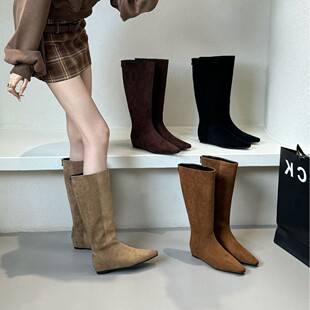 Inner Heightening Khaki Trouser Boots Women's Shoes 2025 New Autumn and Winter Pointed Toe Slim Long Knight Boots