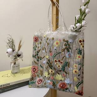 Wholesale 2022 New Style Mesh Full Hand Embroidered Flower Shoulder Bag Portable Lace Tote Bag Artistic Antique Bag