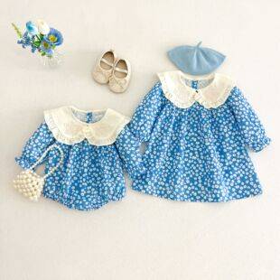 2026 Autumn New Girls' Floral Dress Baby Doll Collar Long Sleeve Princess Dress Baby Girl Sister Outfit