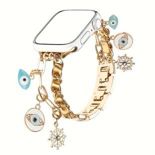 Cuban Chain with Comfortable Leather and Free Combination Detachable Pendant Strap Suitable for Apple Watch 38-49