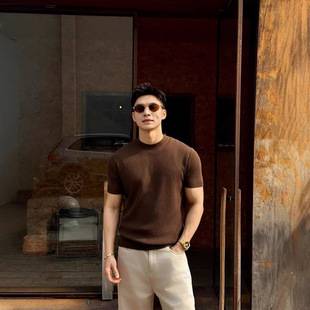Old Money Style Round Neck Knitted Short-Sleeve T-Shirt for Men, Casual 2026 Summer Breathable Comfortable Solid Color Striped Base Shirt Trendy