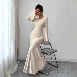 Cross-Border Amazon 2025 New Autumn and Winter Slim Waist Long Skirt Women's Mermaid Skirt with Lotus Trumpet Sleeves Dress