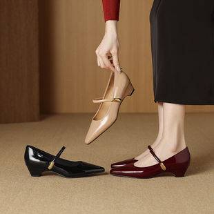 Cow Patent Leather French Mary Jane Shoes for Women 2026 Spring Style Small Square Toe Comfortable Mid-Heel Chunky Heel Single-Strap Flats for Women