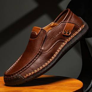 Foreign Trade Cross-border Explosions Hand-stitched Men's Shoes Slip-on Casual Shoes Low-top Loafers Large Size Soft-soled Bean Shoes