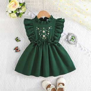 Girls' Summer Dress New Fashion Cartoon Embroidery Cute Flutter Sleeves Children's Retro Style Girl Dress