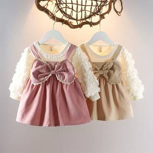 Children's Clothing Autumn Style Girls' Dress Fake Two-Piece Long-Sleeved Korean Style One-Year-Old Dress Baby Clothes Factory