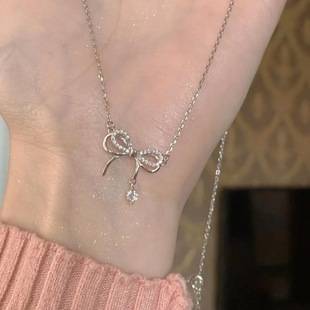 Double-Layer Chain Bow Necklace for Women Ins Niche Design Versatile Water Drop Tassel Clavicle Chain Pendant Girlfriend