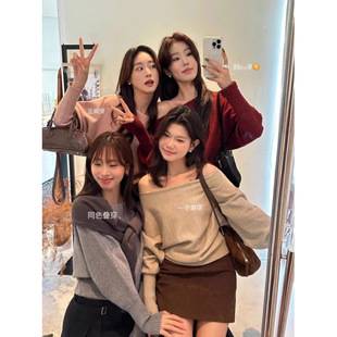 Korean-Style Gentle Off-The-Shoulder Lantern Sleeve Knit Top for Autumn and Winter, Loose Fit, Single Shoulder Blouse, Direct from the Source Factory