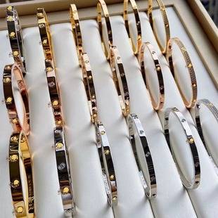 Classic Bracelet with Thick 18K Gold Plating, Wide and Narrow Versions, Full Diamond, Six Diamonds, Four Diamonds, Smooth Surface, Starry Sky Design, Classic Jewelry for Men and Women