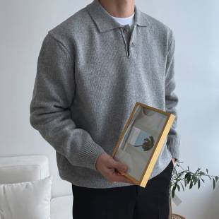 Autumn Polo Lapel Solid Color Sweater Men's All-match Casual Korean-style Loose Pullover Sweater Hong Kong-style Wear Sweater