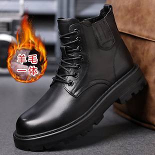 Men's Boots Men's Winter Velvet Thickeneded Men's Boots Genuine Leather Popular British Style Black High-Top Wool Boots