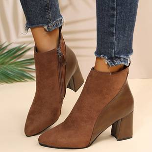 High-Heeled Boots for Women 2025 Autum New Thick Heel Suede Leather Stitching Side Zipper Boots Fashionable Pointed Toe