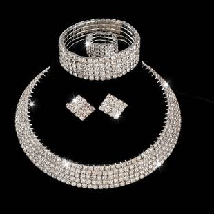 European and American Cross-border Diamond Necklace Earrings Ring Bracelet Four-piece Set Rhinestone Hollow Diamond Collar Bridal Set