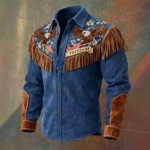Western Cowboy Fringed Shirt Men's Retro Slim Long-Sleeved Jacket American Trendy Printed Jacket Men's Clothing
