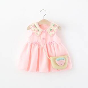 Children's Clothing Girls' Sleeveless Dress Summer Baby Girl Sweet Strawberry Crochet Collar Flower Bud Princess Dress