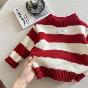 Children's Sweater 2025 Autumn/Winter Boys and Girls Warm Knitted Sweater Baby Striped Thickened Top New Year Outfit
