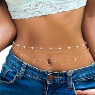 European and American Cross-Border Multi-Layer Bohemian Bead Chain Rhinestone Pendant Belly Chain Female Sexy Imitation Pearl Beaded Waist Chain