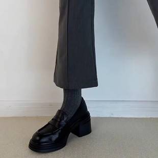 Sheepskin version ~ thick-soled high-heeled round-toed loafers women's British one-step commuter shoes versatile thick-heeled small leather shoes