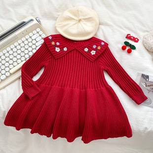 Baby Girl Spring and Autumn Knitted Skirt Baby Warm Dress Knitted Embroidered Princess Sweater Dress