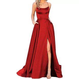 2026 Amazon European and American Cross-Border New Style Bridesmaid Dress Long Gown with Small Train, Spaghetti Straps, Solid Color Banquet Evening Dress