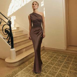Cross-Border Foreign Trade European and American Fashion Sexy Off-Shoulder Ruched Patchwork Satin Midi Dress Elegant Gown Dress