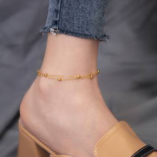 Double layer transfer bead anklet women's 2024 new fashion 18k gold high-end feeling ins niche titanium steel foot chain women do not fade