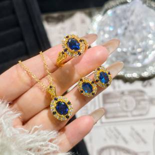 Niche Entry Luxury New Chinese Style Blue Crystal Fluorescent Light Color Changing Pendant Necklace Women's Opening Ring Earrings Three-piece Set