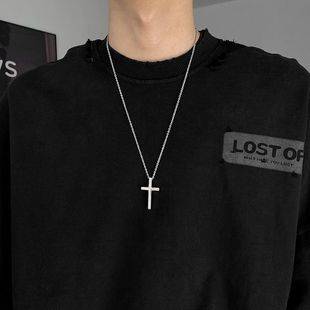 Cross-Border Cross Pendant Necklace for Men, Punk Style, Trendy Chain Sweater Necklace for Women and Men, Titanium Steel Necklace