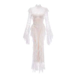 Cross-Border Style Light Wedding Dress with Fishbone Shaping, Waist-Cinching, Backless Lace, Flared Long Sleeves, Bridesmaid Gown