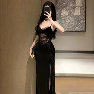 Waist-Cinching Dress with Slit, Black Hollow-Out Sexy Dress, Elegant Evening Gown with Padded Straps, Lace Bodycon Dress