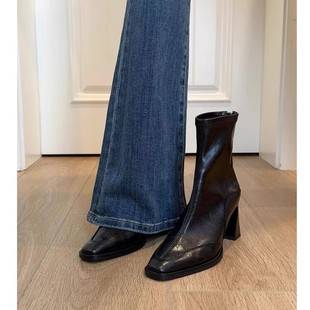 Short Boots for Petite Women, High-Heeled Square-Toe Slim Boots, Short Boots for Women, Chunky Heel Retro Martin Boots, British Style Short Boots