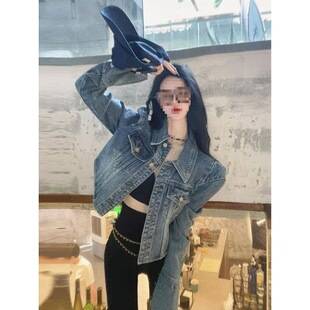 Straight-shoulder short denim jacket for women, American retro style, loose, casual, versatile jacket top