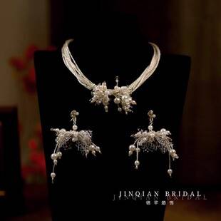 New Super-Fairy White Bow Necklace and Earrings Set for Brides, Wedding Updo Hairstyles, Dresses, and Makeup Accessories